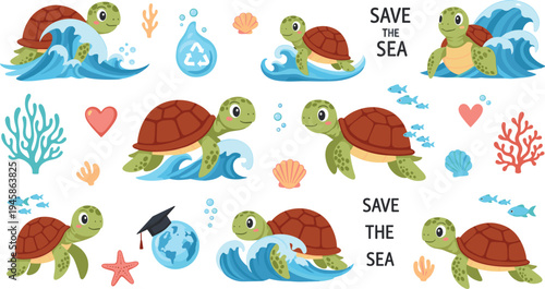 Collection of cartoon sea turtle illustrations with ocean elements and Save the Sea conservation message for marine vector design projects