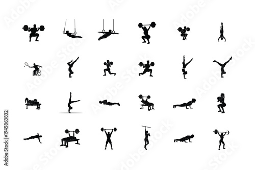 Gymnastics Rings, Balance Beam, Backflips, Bridge Pose, Sled Pull, and Yoga Pigeon Stretch Silhouettes