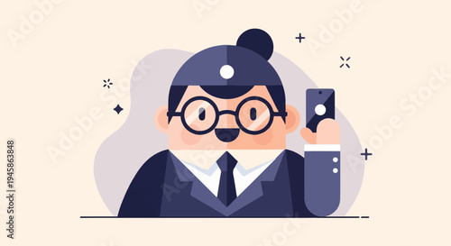 A cartoon figure in a suit and glasses holds a phone