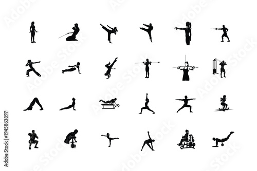 Kickboxing, Martial Arts Capoeira, Cable Rows, Push Ups, Yoga Warrior Pose, and Leg Extension Machine Silhouettes