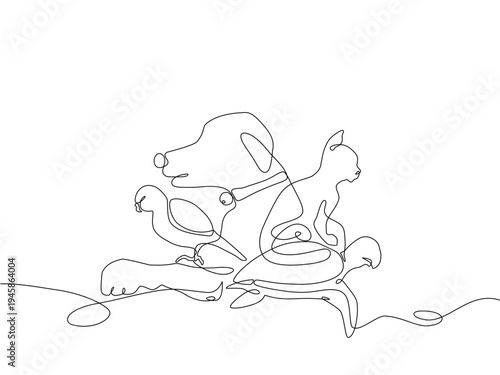 Continuous one line drawing of animals including a bird, dog, cat, and turtle formed from a tangled single line, minimalist concept illustrating chaos, complexity, interconnected ideas. Editable line