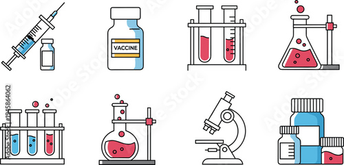 Medical Laboratory Equipment Icons Set Syringe Vaccine Microscope Test Tubes and Chemical Flasks Vector Illustration