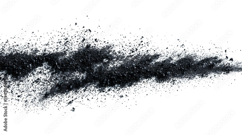 Obraz premium Explosion of Black Powder Particles on a White Background.