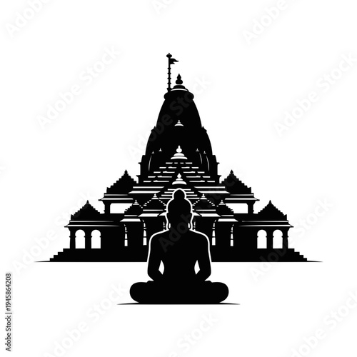 Black and white vector illustration of a person meditating in front of a traditional Indian temple, symbolizing peace, spirituality, and cultural heritage.