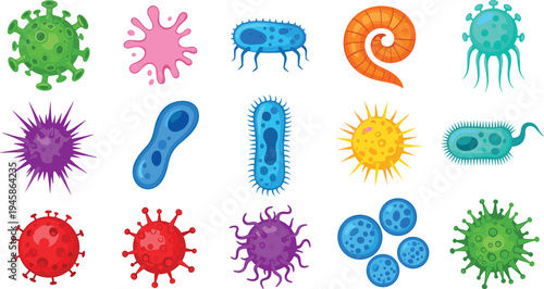 Bacteria and virus microbes collection colorful microbiology germs pathogens flat vector illustration set isolated