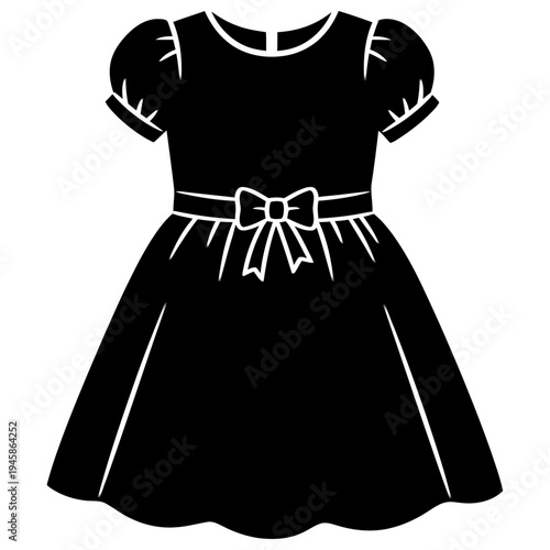 a black short-sleeved dress with a round neckline and a bow at the waist, the dress has a fitted bodice and a flared skirt