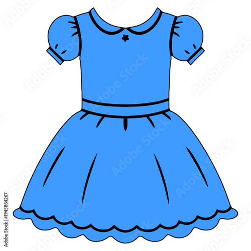 a cartoon drawing of a blue dress with short puffy sleeves and a scalloped hem, the dress has a round neckline and a small flower detail at the top, it is a simple and cute design