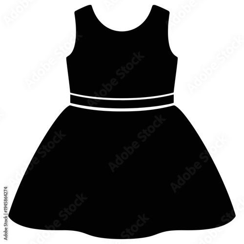 a black sleeveless dress with a round neckline and a white stripe around the waist, the dress is short and flared