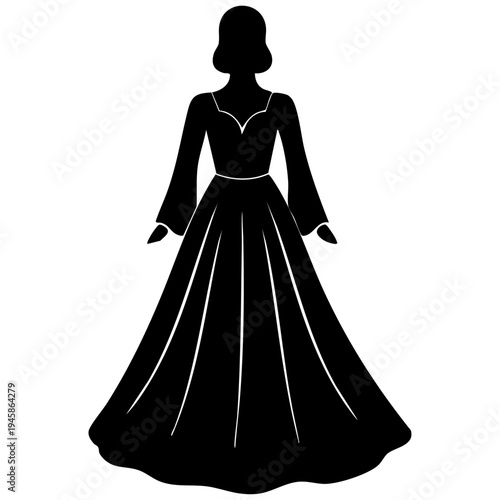 a black silhouette of a woman wearing a long dress with a fitted bodice and a full skirt, paired with a hat