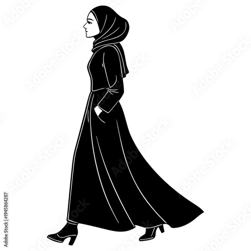 a woman wearing a long dress and headscarf is walking to the left with her hands by her sides, wearing high heels and a flowing dress that drapes around her body, her face turned slightly downwards