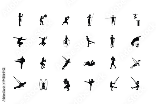 Pilates Reformer, Ballet Dance, Step Aerobics, Crunches, Medicine Ball Lifts, and Bodyweight Push Up Silhouettes