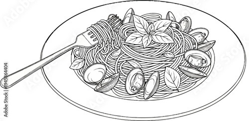 A black and white line drawing of a plate of spaghetti with clams and basil