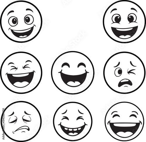 Nine black and white emoji faces showing different expressions 1
