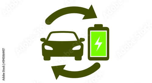Green electric car charging illustration with circular arrows and battery icon vector