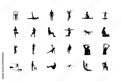 Professional Silhouette Collection of Doorway Suspension Trainer, Lying Leg Raise, Anatomical Standing Pose, Pull Up Bar Exercise, Pregnancy Floor Split, Balance Board Training, Prenatal Yoga Tree