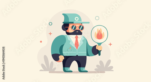 A cartoon man in a hat and suit holds a magnifying glass showing fire