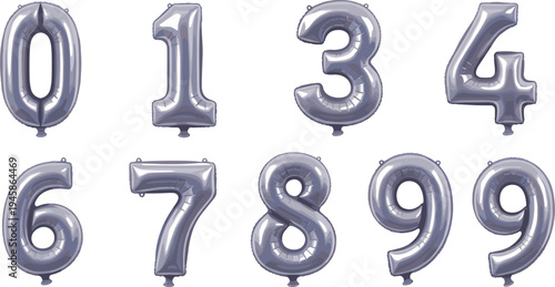 Collection of shiny metallic balloon number illustrations with reflective silver digits for birthday, anniversary and festive vector design projects