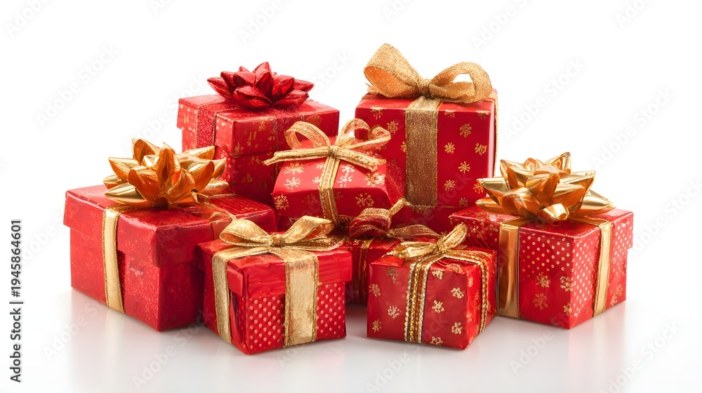 Fototapeta premium A Generous Pile of Red Gift Boxes with Golden Ribbons.