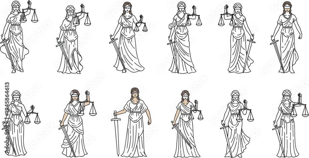 Obraz premium Collection of twelve Lady Justice illustrations with scales, sword and blindfold variations for law and judicial vector design projects