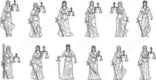 Collection of twelve Lady Justice illustrations with scales, sword and blindfold variations for law and judicial vector design projects