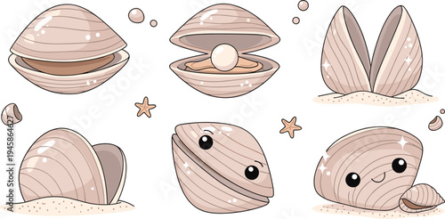 Vector Illustration Set of Sea Shells and Clams with Pearls on Sand Isolated on White Background