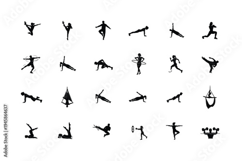 Professional Silhouettes of Trx Suspension Training, Martial Arts Katana, Battle Ropes, Bosu Ball Balance, and Heavy Bag Boxing