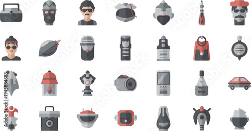 A grid of stylized icons depicting various objects and characters