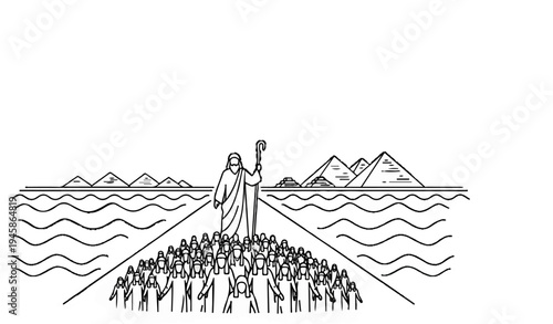 A leader with a staff parts the waters for a crowd before pyramids