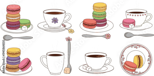 Collection of eight coffee and tea cup illustrations with colorful macarons, spoons and sugar cubes for cozy vector design projects