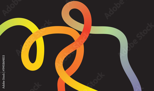 Abstract Colorful Knotted Gradient Line on Black, Modern Tangled Fluid Ribbon Background, Creative Minimalist Coiled Wave for Problem Solving, Brainstorming, and Tech Innovation Design 