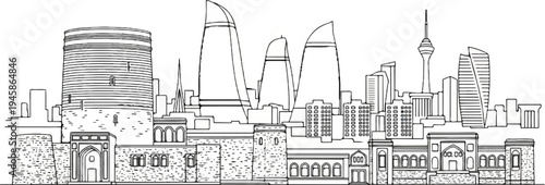 A line art cityscape featuring historical and modern buildings with distinctive architecture