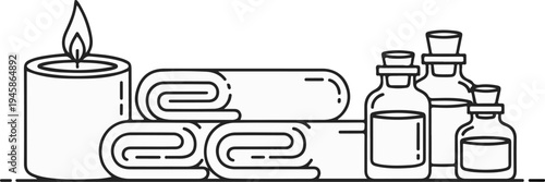 A line art illustration of a burning candle, rolled towels, and assorted bottles