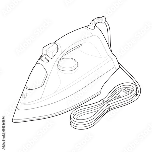 Isometric line illustration of an electric steam iron household laundry appliance with power cord.