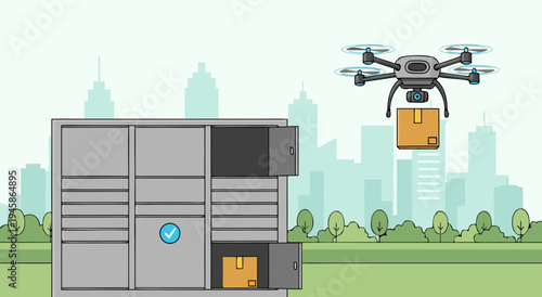 Vector illustration of a drone delivering a package to a secure parcel locker with a city skyline in the background