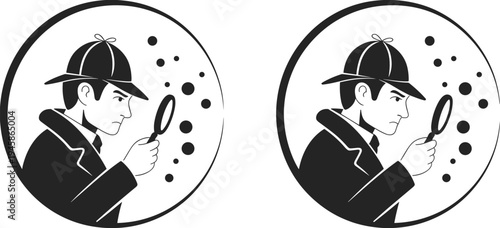 Spot the difference puzzle illustration, detective with magnifying glass, Sherlock Holmes style character examining dots, attention to detail challenge artwork