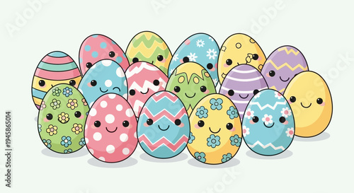 A delightful collection of colorful and charming Easter eggs, each with a unique kawaii face, perfect for spring celebrations and festive designs showcasing joy and happiness
