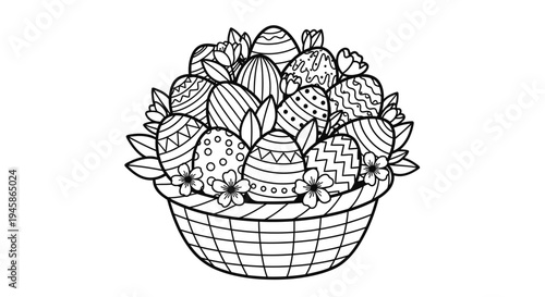 Black and white line drawing of a wicker basket overflowing with colorful Easter eggs and flowers, minimalist style, simple decorative elements, holiday theme