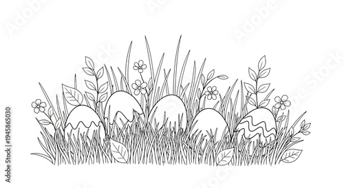 A whimsical line drawing of Easter eggs nestled among tall grass and wildflowers in a simple yet charming artistic style reminiscent of hand-drawn coloring book illustrations for springtime 