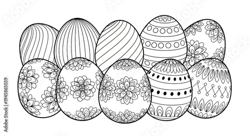 Black and white line drawing of a collection of nine intricately decorated Easter eggs with various patterns and designs on a white background