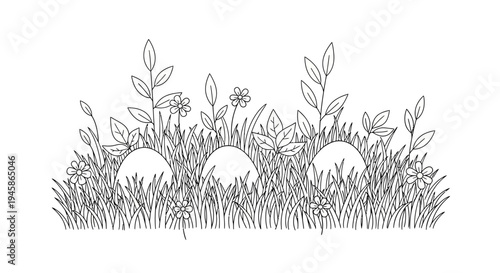 A whimsical line drawing of three hidden bunnies peeking through tall grass and colorful flowers on a sunny day in a playful, hand-drawn, minimalist style with bold lines and delicate detail