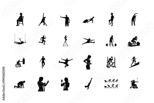 Tire Flips, Wheelchair Medicine Ball, Pull Ups, Barbell Back Squats, Step Ups, and Abdominal Crunches Silhouettes