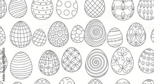 Easter eggs with various patterns and designs, decorative and festive, hand-drawn in a sketchy artistic style on a white background for holiday and spring themed projects