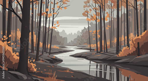 Autumn River Vector Illustration Showing a Serene Flow Through a Forest with Warm-Toned Foliage