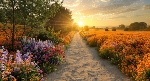 A sunlit path winds through a vibrant field of flowers at sunset, trees frame the view