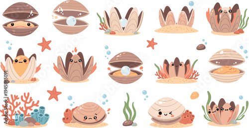 Vector Illustration Set of Cute Clams and Oysters with Pearls in Various Poses Under the Sea Isolated on White Background