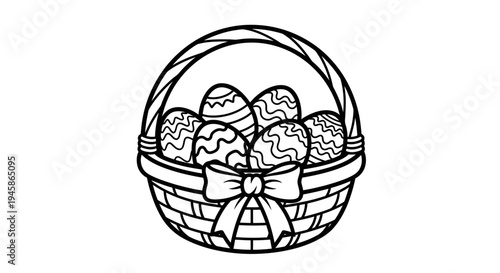 A black and white line drawing of a traditional Easter basket filled with decorated eggs and adorned with a ribbon bow on a plain white background in a classic hand-drawn style