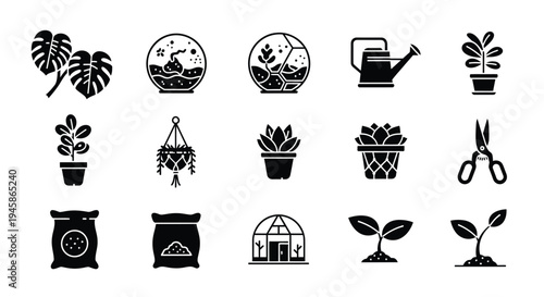 Gardening tools and plants depicted as simple black shapes silhouette