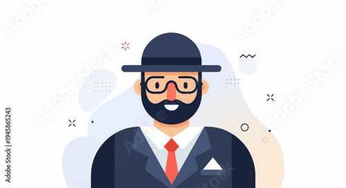 A cartoon man wearing a hat, glasses, and suit, with abstract shapes