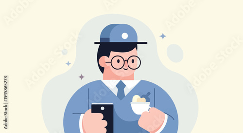 A man in a blue uniform and hat holds a phone and ice cream