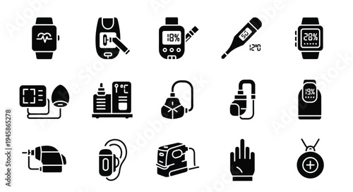 Various medical devices and health monitoring tools depicted as a silhouette